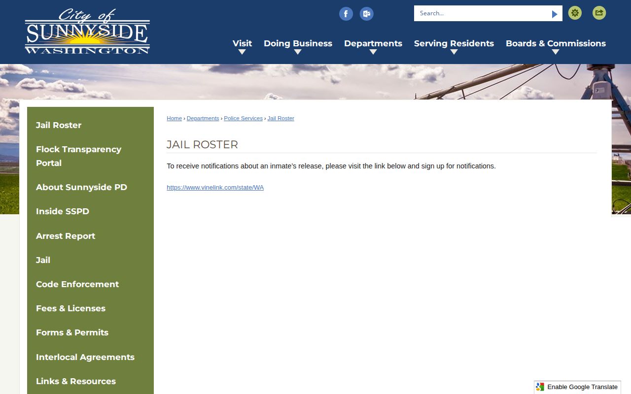 Yakima County Sunnyside City Jail current-custody roster record interface