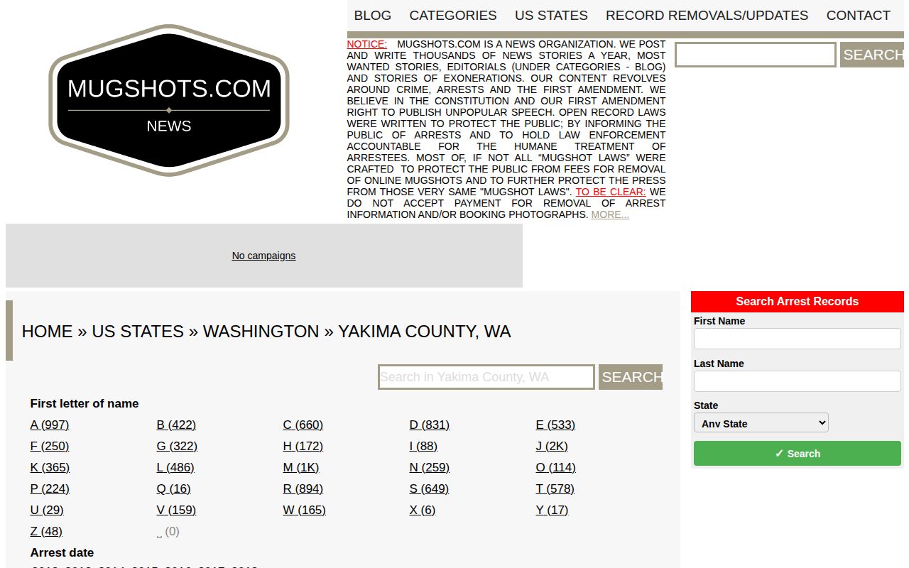 Third-party Mugshots.com Yakima County section used as unofficial context