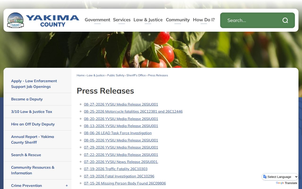 Yakima County Sheriff Press Releases official page