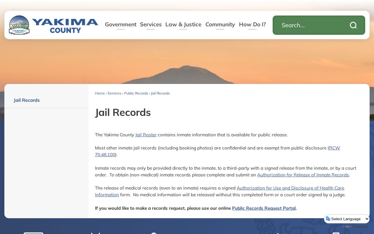 Yakima County Jail Records page describing record access