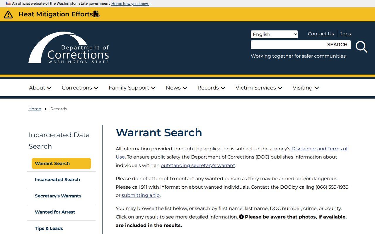 Washington Department of Corrections warrant search page